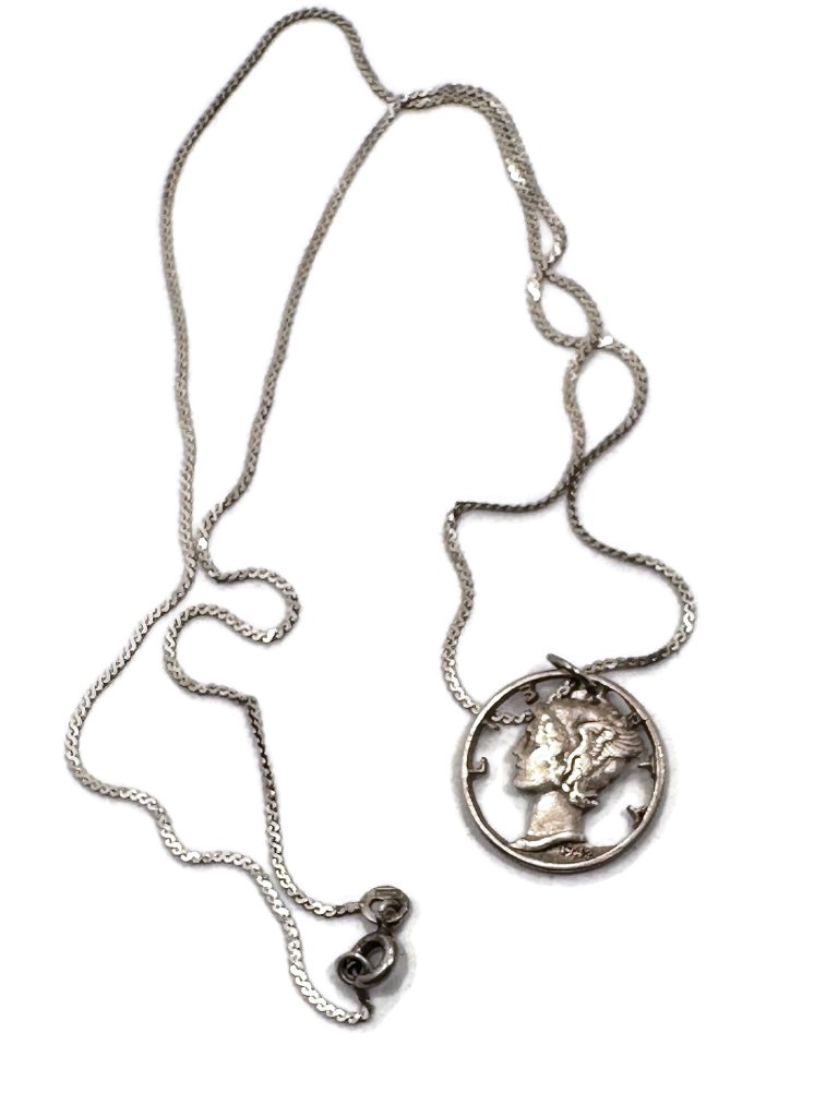 Vintage Coin Mercury Dime 1942 CutOut Pendant Sterling Silver Chain